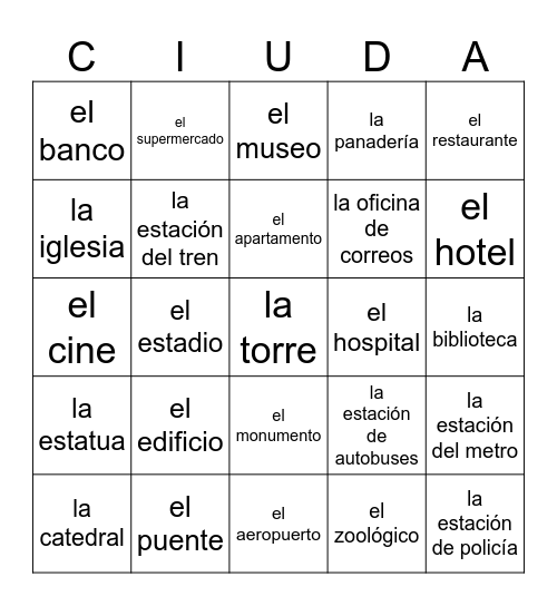 Lugares en la ciudad Bingo Card