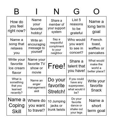 Health & Hobbies Bingo Card