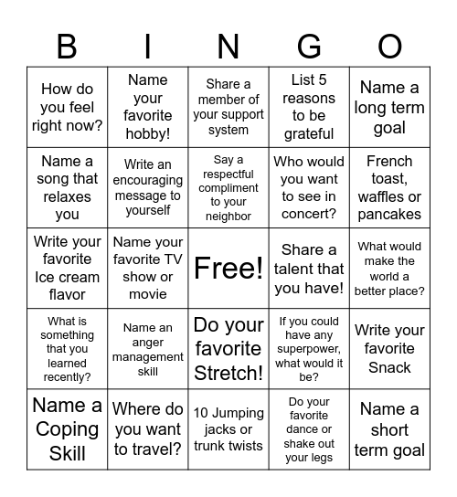 Health & Hobbies Bingo Card