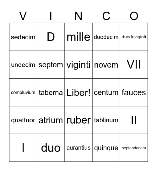 *Numeri + Partes Villae + Colores Bingo Card