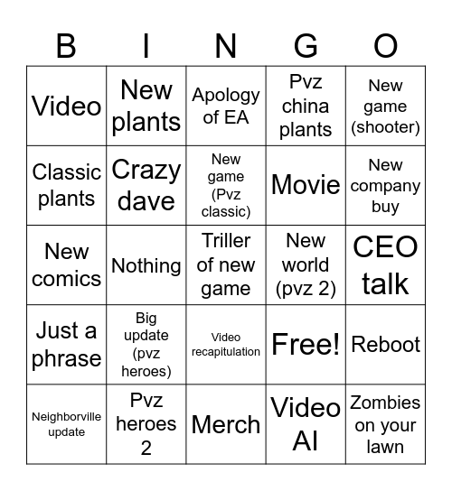 Sweet 16 pvz bingo Card