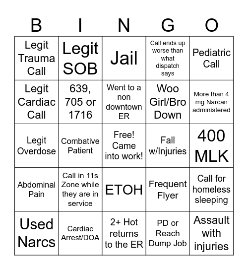 Night Shift Bingo Card