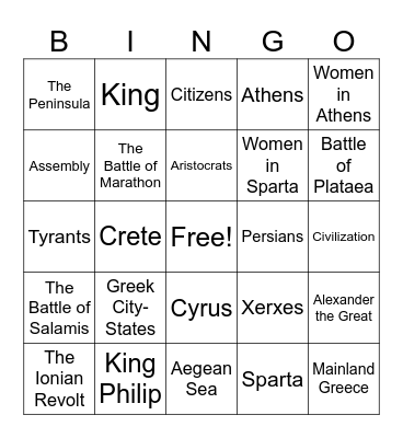 Test Review: Ancient Greece Bingo Card