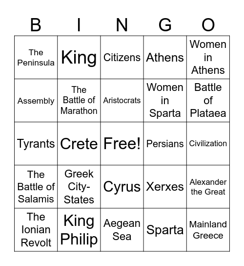 Test Review: Ancient Greece Bingo Card