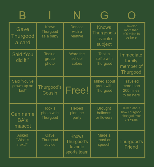 Graduation Bingo Card