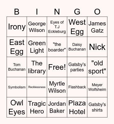 The Great Gatsby Bingo Card