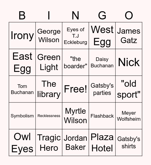 The Great Gatsby Bingo Card