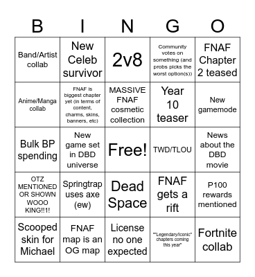 DBD Year 9 Bingo Card