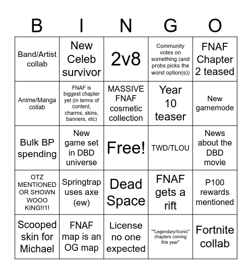DBD Year 9 Bingo Card