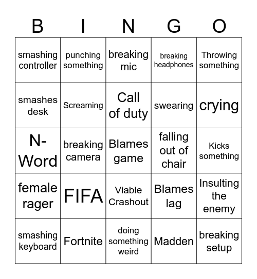 Gamer Rage BINGO Card