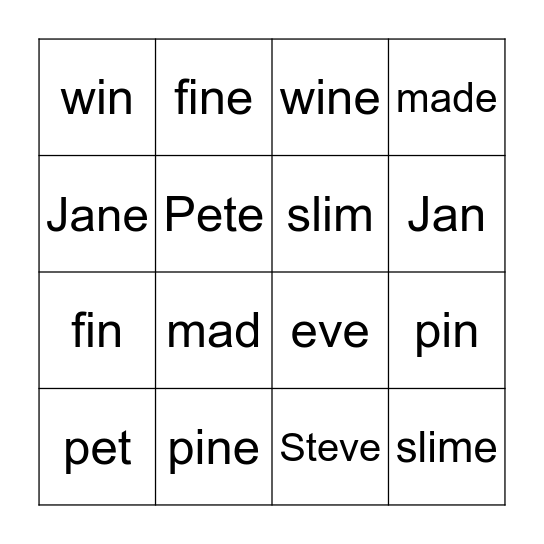VCe/VC Pattern Bingo Card