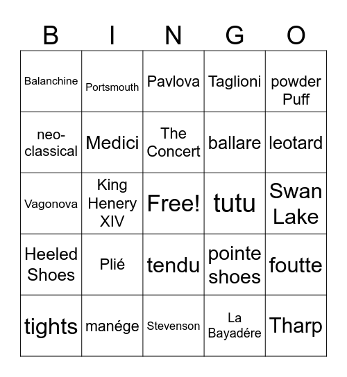 Ballet History Bingo Card