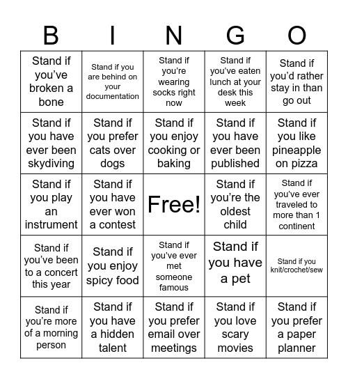 STAND IF Bingo Card