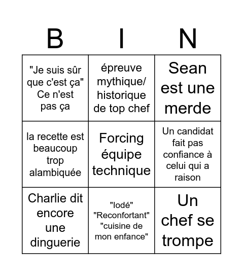 TOP CHEF Bingo Card