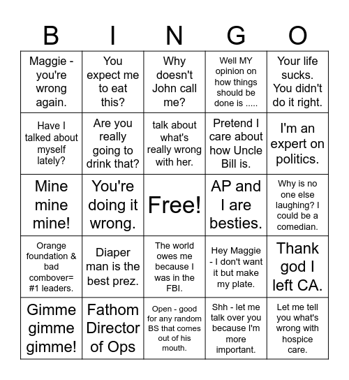 Self-Important Greedy Asshole Deluxe Version Bingo Card
