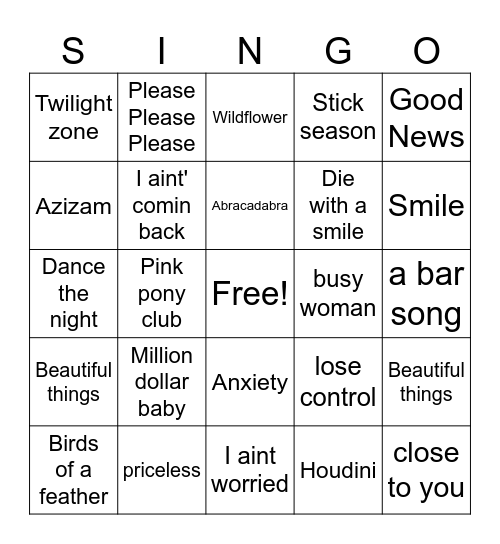 Today's Hits Bingo Card