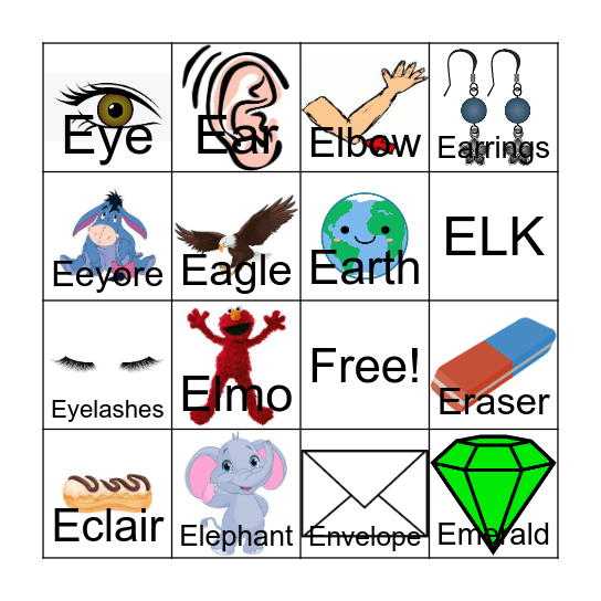Letter E Bingo Card