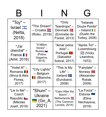 EUROVISION CONTEST Bingo Card