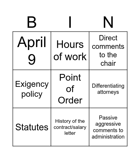 Faculty assembly Bingo Card