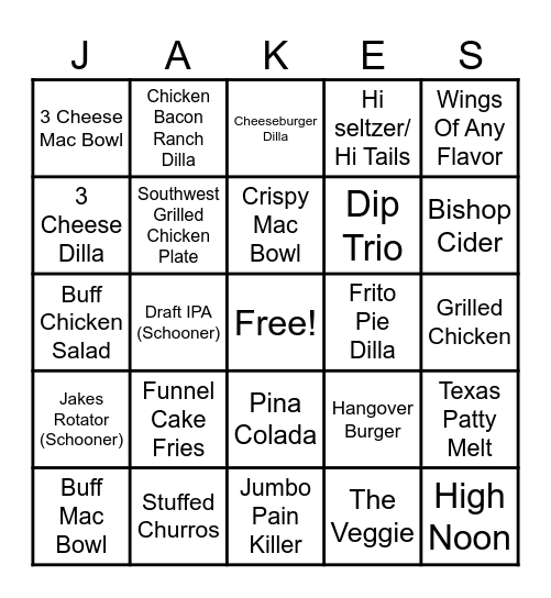 Jakes Bingo Card