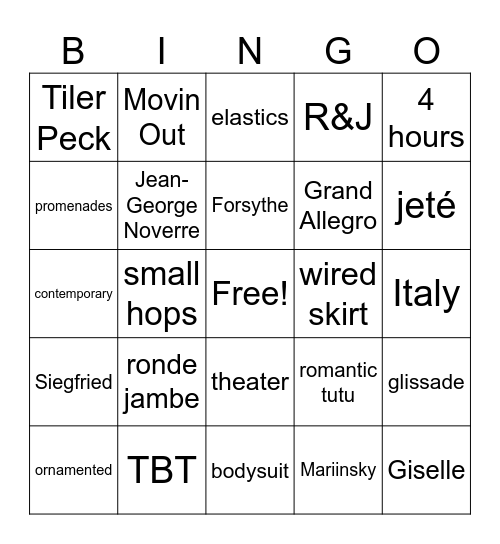Ballet History Bingo Card