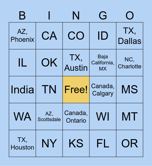 Where are you joining us from? Bingo Card