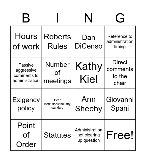 Faculty assembly Bingo Card
