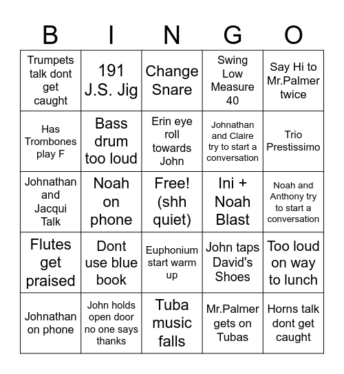 BAND! Bingo Card