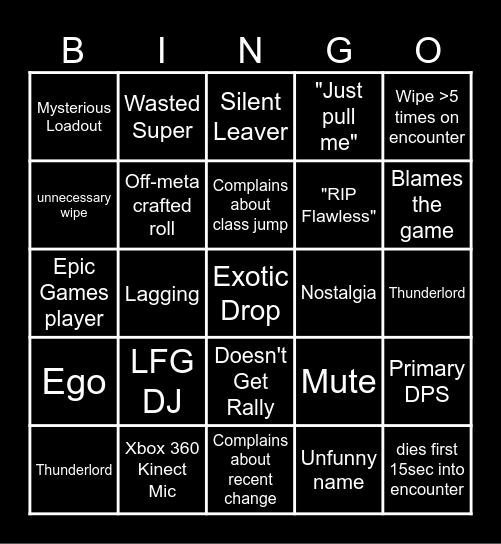 Ultimate Destiny 2 LFG Bingo Card