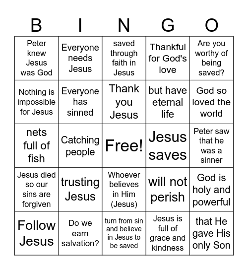 Peter Worshiped Jesus Bingo Card