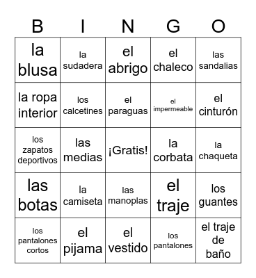 La Ropa Bingo Card