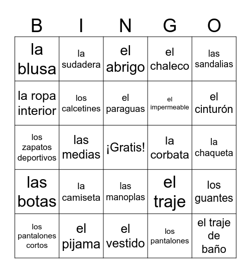 La Ropa Bingo Card