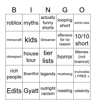 Youtube Shorts Bingo Card