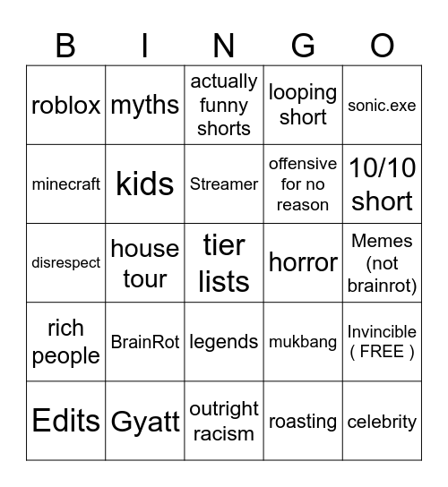 Youtube Shorts Bingo Card