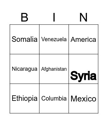 Countries Bingo Card