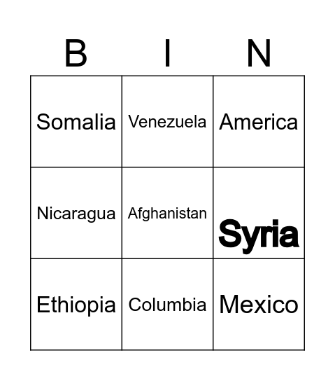 Countries Bingo Card