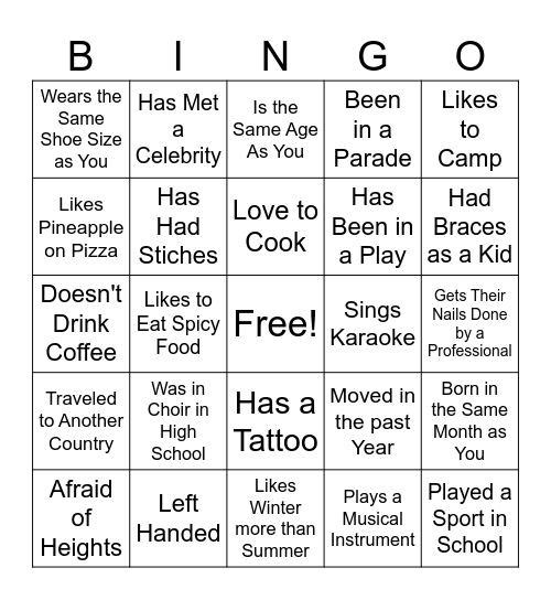 Get To Know You Bingo Card