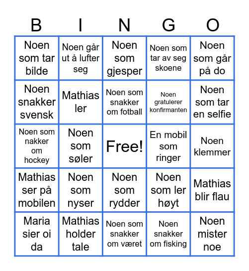 Mathias sin konfirmasjon Bingo Card