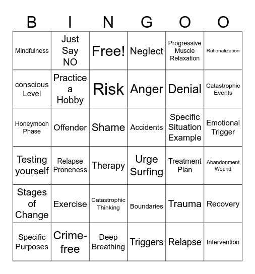 Relapse Justification Bingo Card