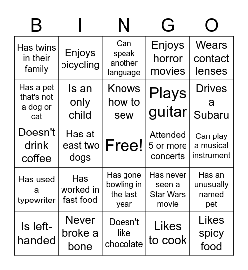Icebreaker Bingo Card