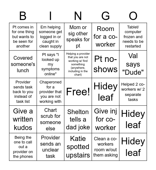 Clinical Bingo Card