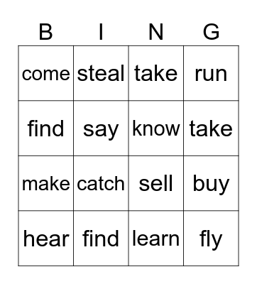 Irregular Verbs Bingo Card
