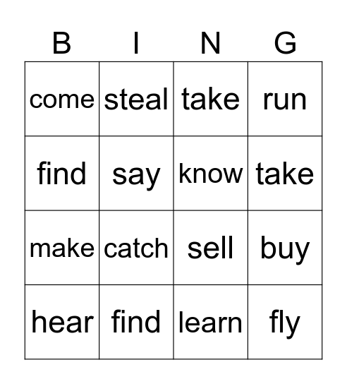 Irregular Verbs Bingo Card