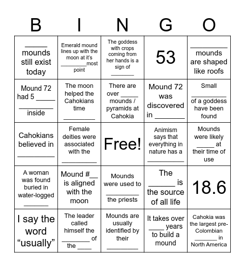 Cahokia Religion Bingo Card