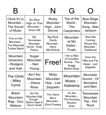 Mountain Songs Bingo Card