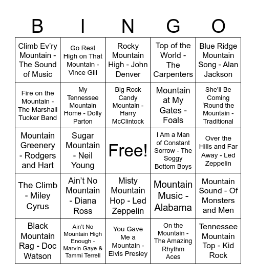 Mountain Songs Bingo Card