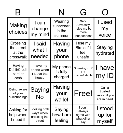 Self-Advocacy/Safety in the Community Bingo Card