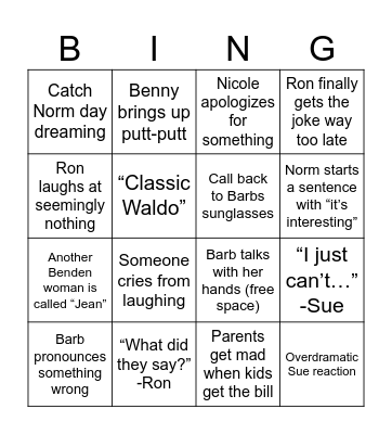 Benden Family Vacation Bingo Card