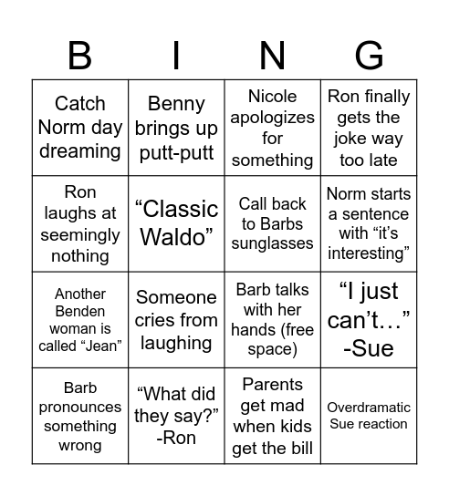 Benden Family Vacation Bingo Card