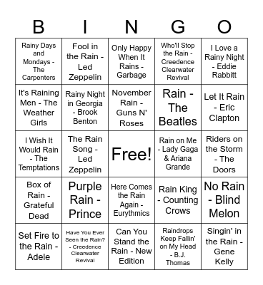 Rain Songs Bingo Card